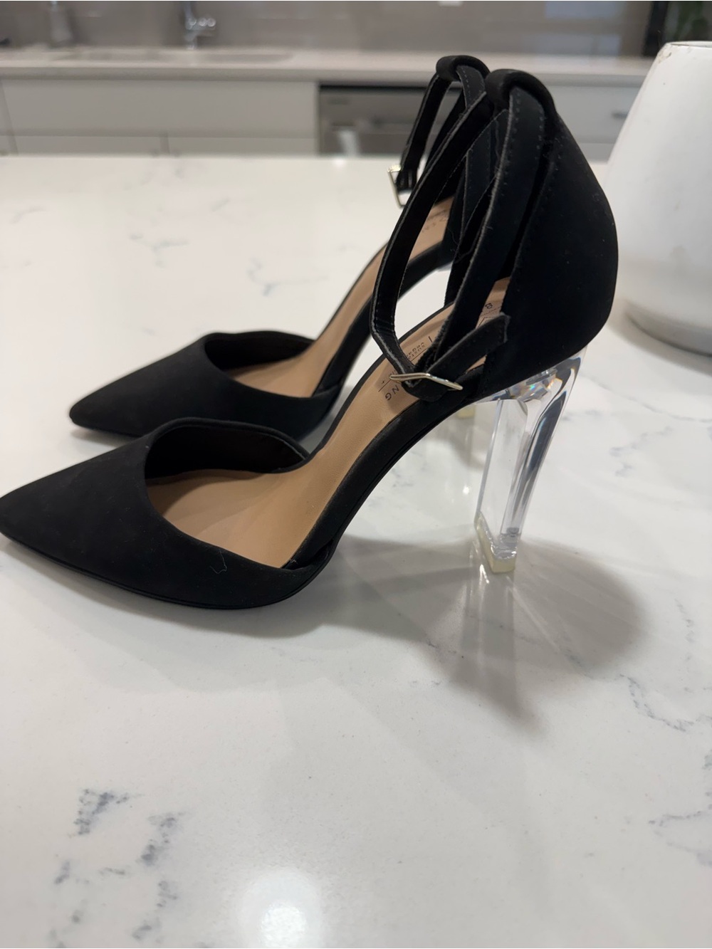 Call It Spring Matte Black Pointed D'Orsay Heels with Clear Block Heel